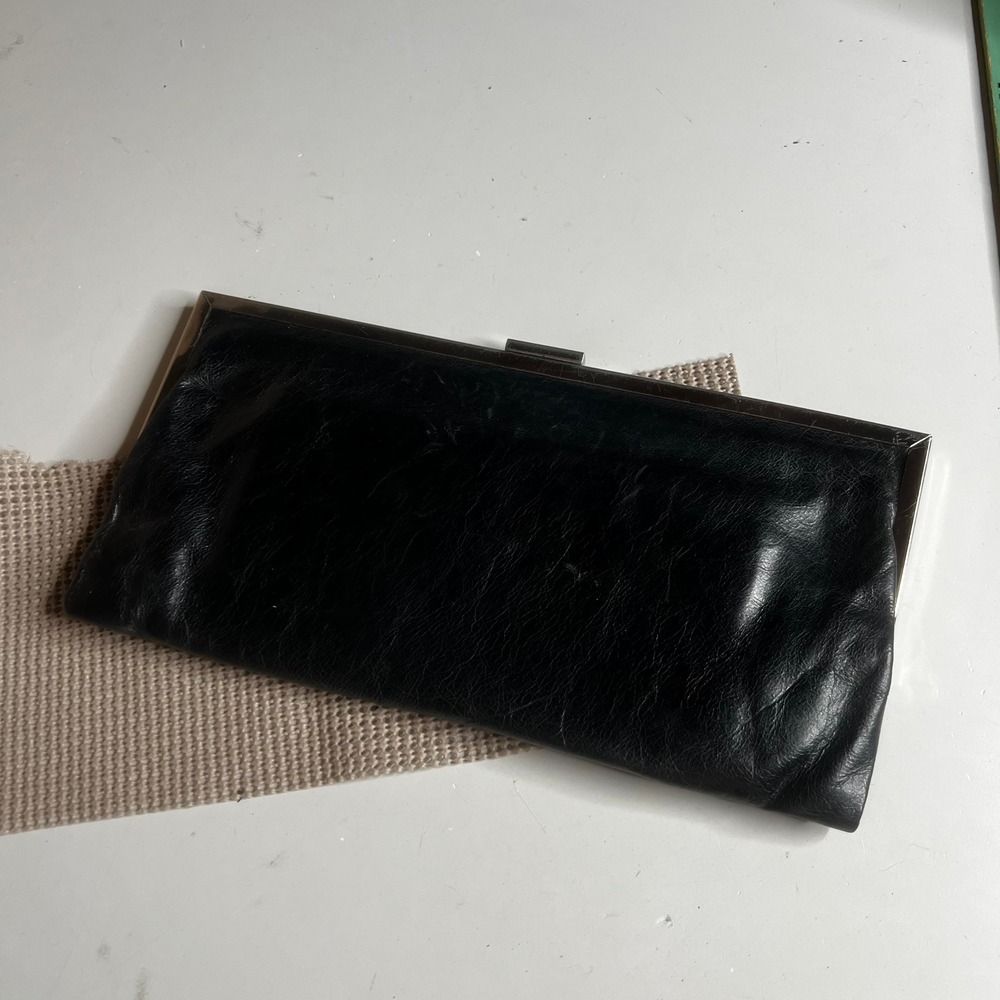 Hobo International Black Leather Frame Clutch Bag Floral Lining Evening Purse